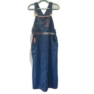 Vintage Denim Overall Jumper Dress Embroidered Patchwork Mature Blue Women 12